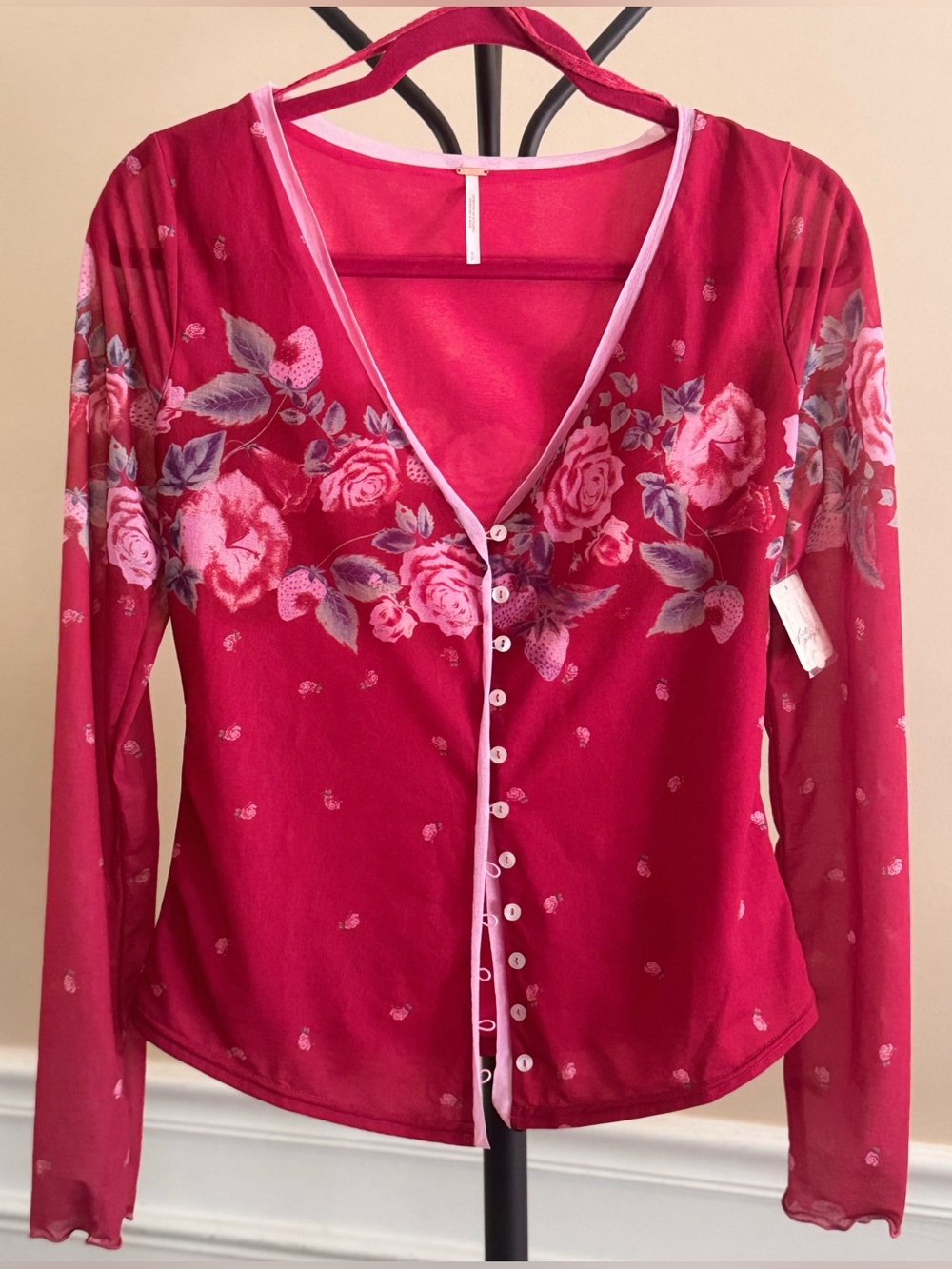 Free People Red Home Grown Mesh Cardi Floral Button-Up Top - Small